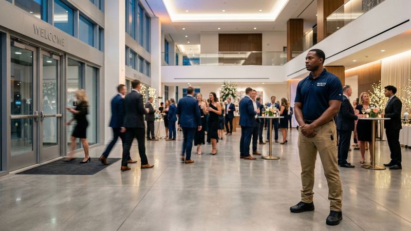 Professional security guard standing watch at a high-end corporate event venue.