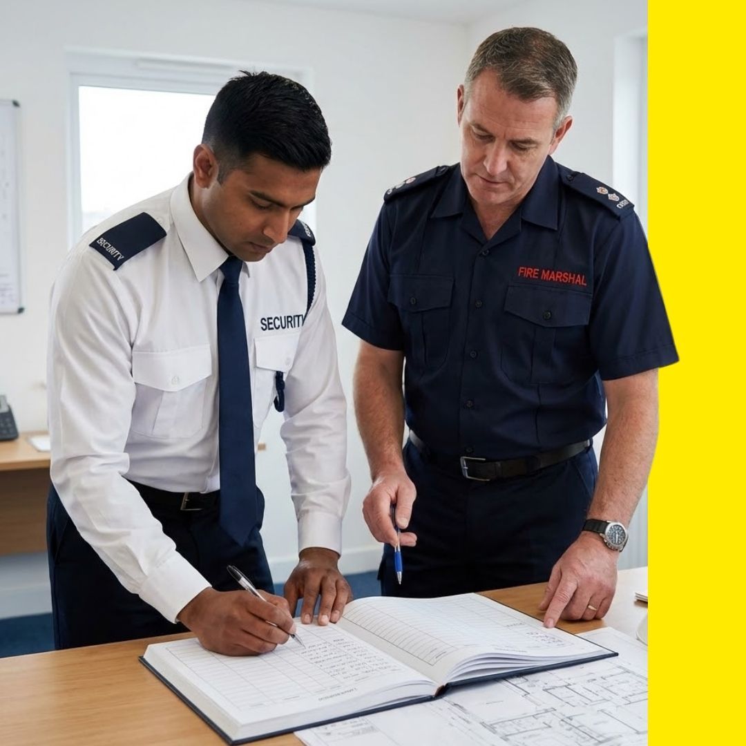 A security guard and a fire marshal review and sign a fire watch logbook together in a site office, with construction plans on the desk