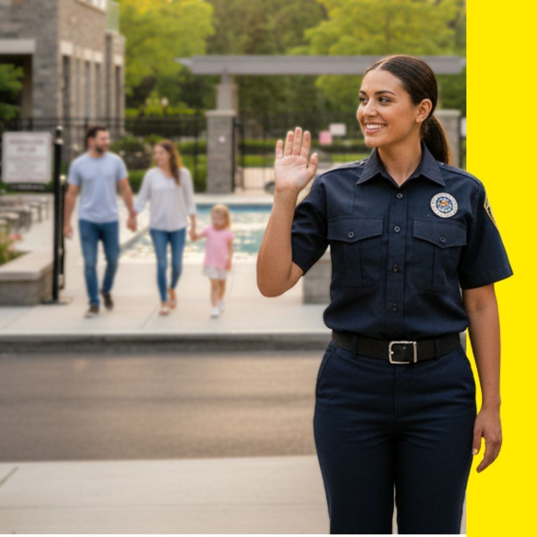 A friendly female security guard in uniform waves to residents in a modern apartment or condominium complex with a swimming pool and lush landscaping. A family walks in the background, showing a secure and welcoming environment.