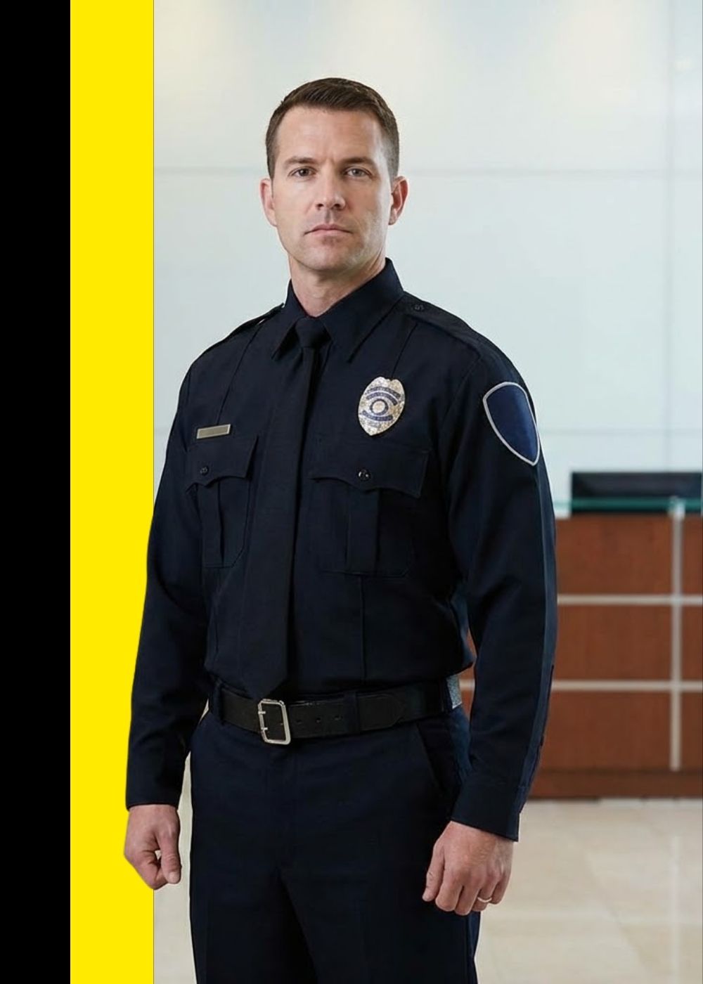 A senior security supervisor with a military background stands confidently