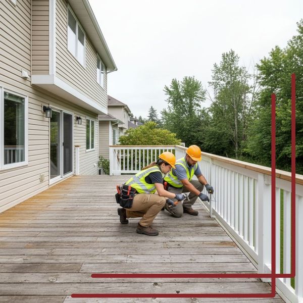 Two inspectors (one male, one female) in safety vests and hard hats kneeling to inspect the white railing of a wooden deck attached to a house.