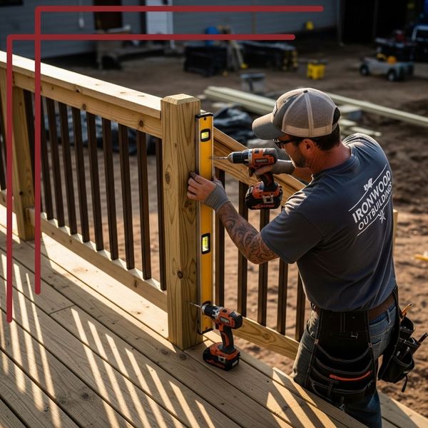 A skilled contractor from Ironwood Outbuildings using a power drill to professionally fix a loose railing, demonstrating expert deck repair and rebuild services.
