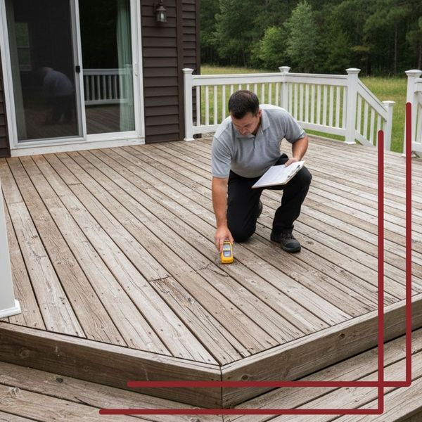 A home inspector kneeling on a weathered wooden deck, using a moisture meter on the decking planks. He is holding a clipboard in his other hand.