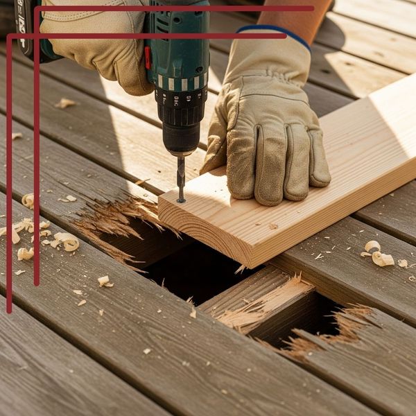 A close-up shot of a contractor's hands carefully replacing a damaged, rotting deck board with a new one during a deck restoration project.