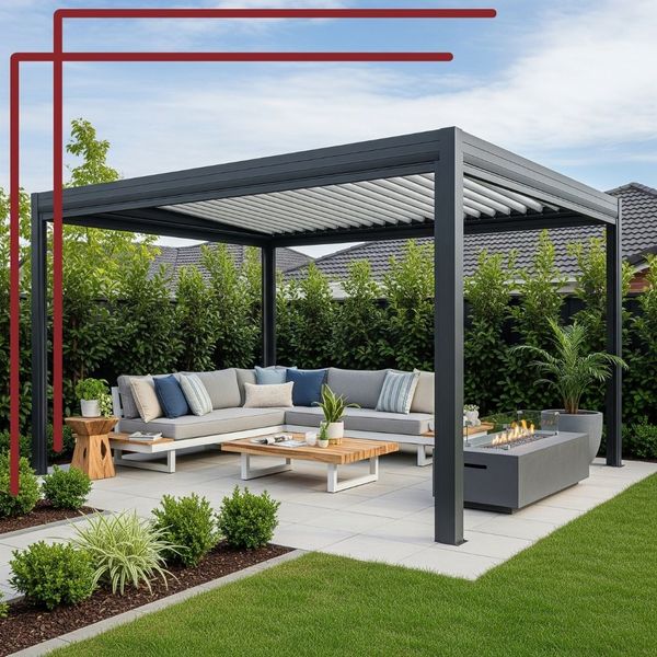 A stylish, modern, freestanding patio cover with a dark gray frame and louvered roof, creating a shaded seating area in a backyard with lush green landscaping.