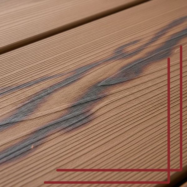 A close-up, high-angle image of a fire-resistant composite deck board, featuring a subtle, charcoal fire pattern on its surface, highlighting its fire-prevention qualities.