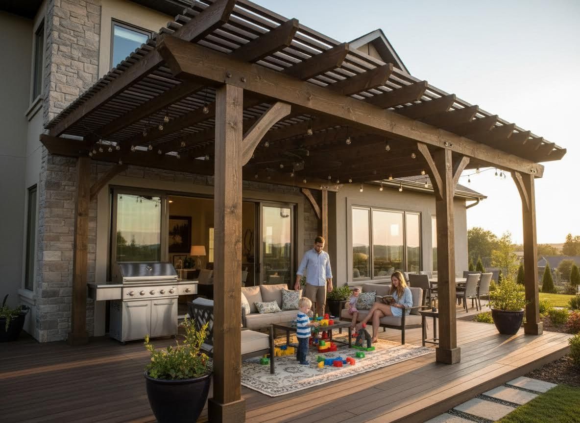Family enjoying an outdoor deck with a pergola