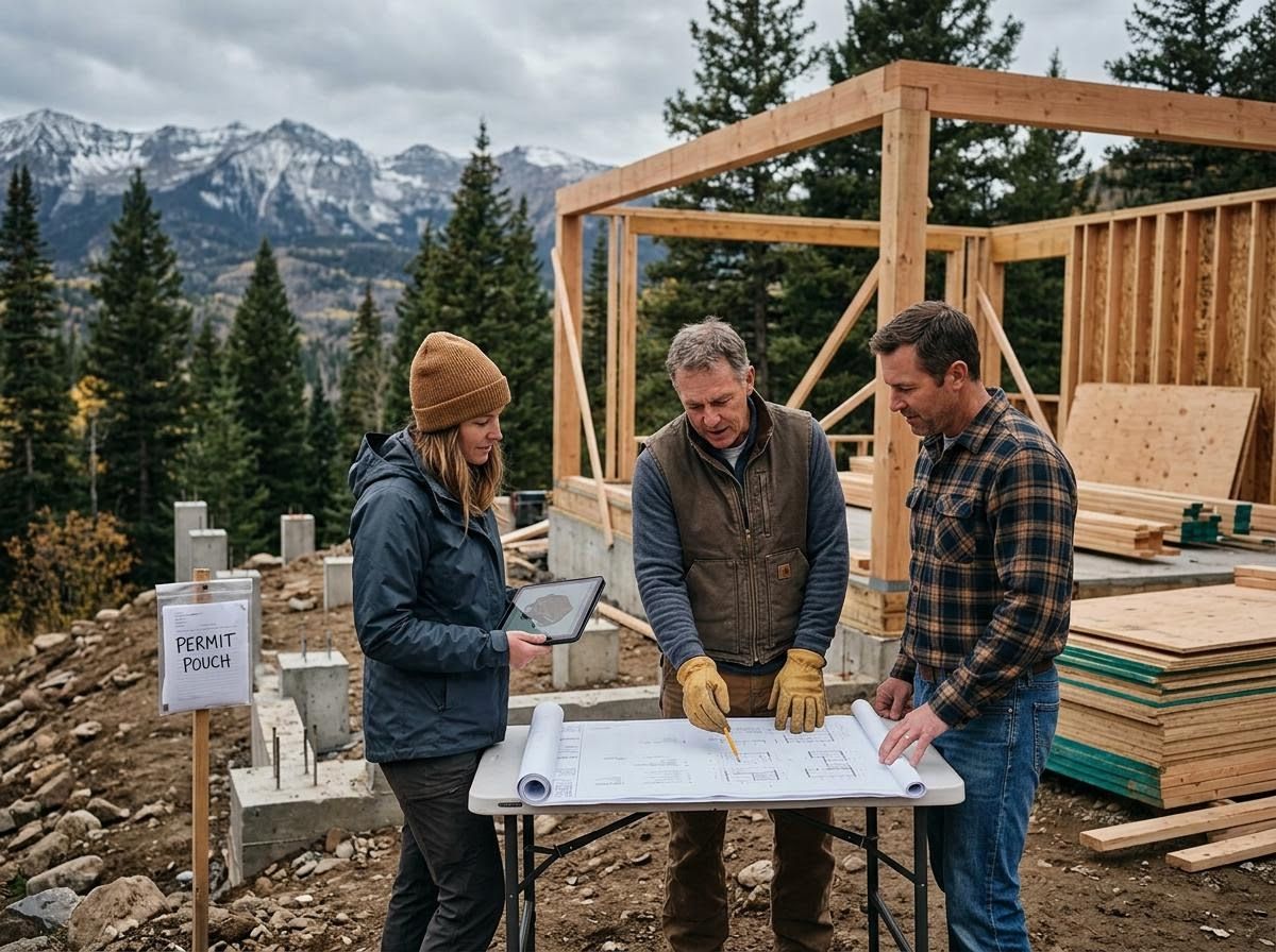 Construction Crew Reviewing Blueprints on Mountain Job Site