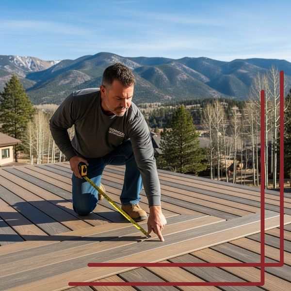A professional contractor from Ironwood Outbuildings kneels on a deck to inspect a durable composite deck board, showcasing the quality of a deck resurfacing project in Durango.