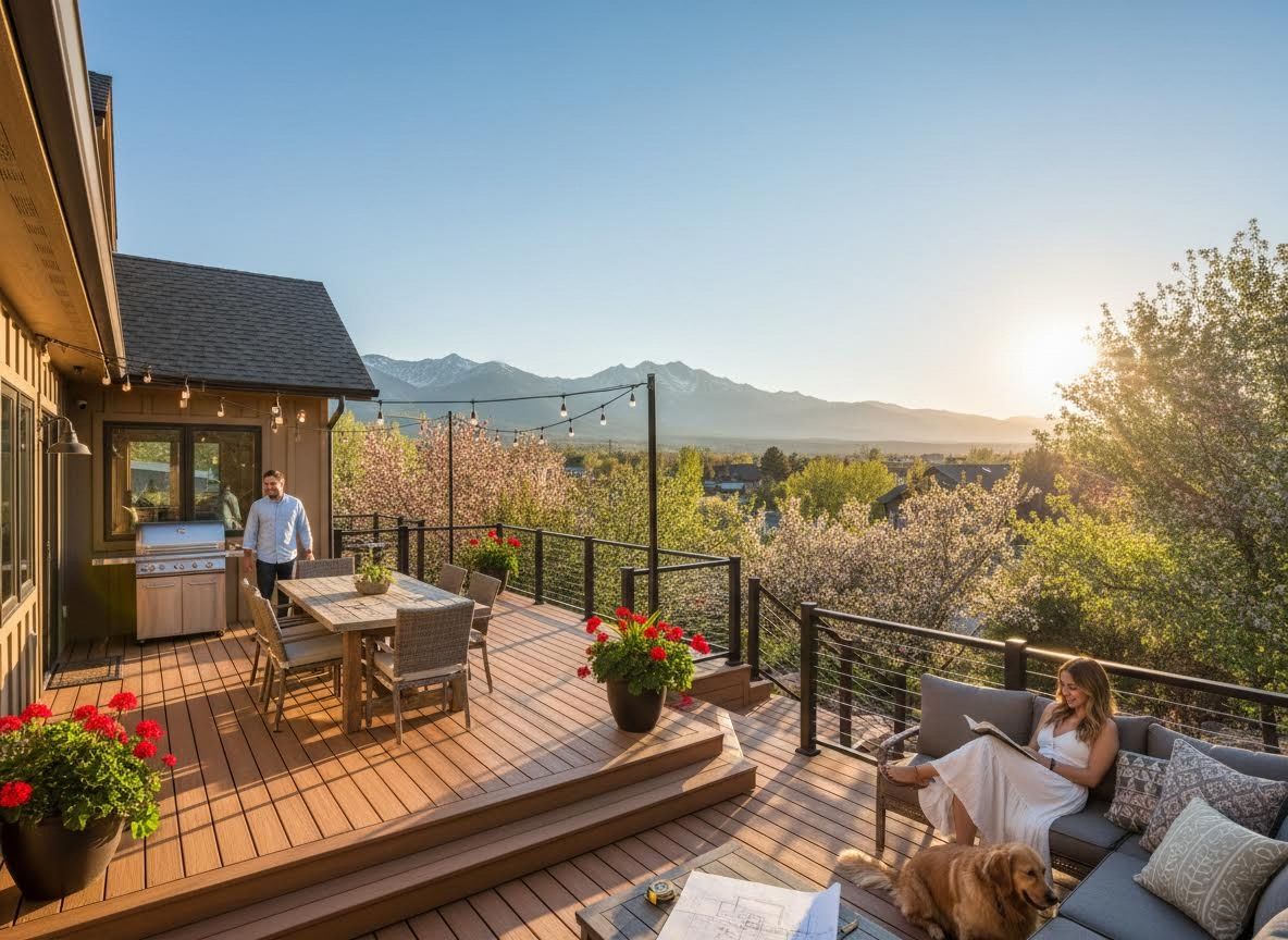 Spacious Outdoor Deck with Mountain Views at Sunset