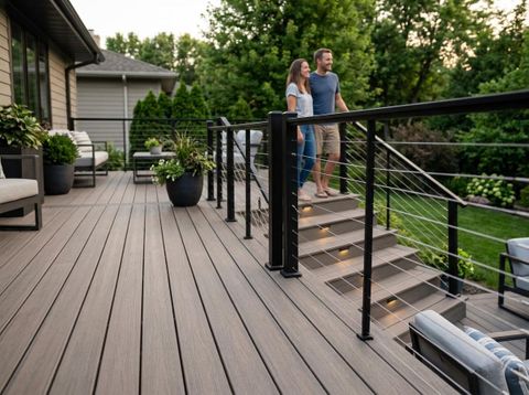 A couple walks down lighted steps on a modern gray composite deck, featuring black cable railings, outdoor furniture, and lush landscaping. Couple on Modern Gray Composite Deck with Lighted Stairs