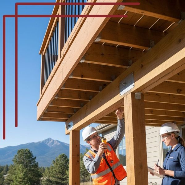 A male and female inspector in hard hats examining the underside of a raised wooden deck, with a mountain range visible in the background. The male inspector is using a handheld device on a support post, and the female inspector is taking notes.