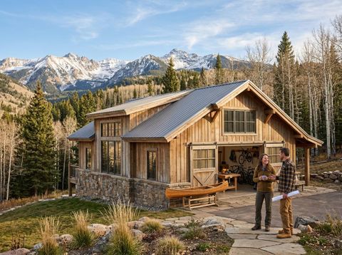 A couple stands outside a modern rustic wooden cabin with a stone foundation and metal roof, backed by snowy mountains and a forest. Modern Rustic Mountain Home with Couple