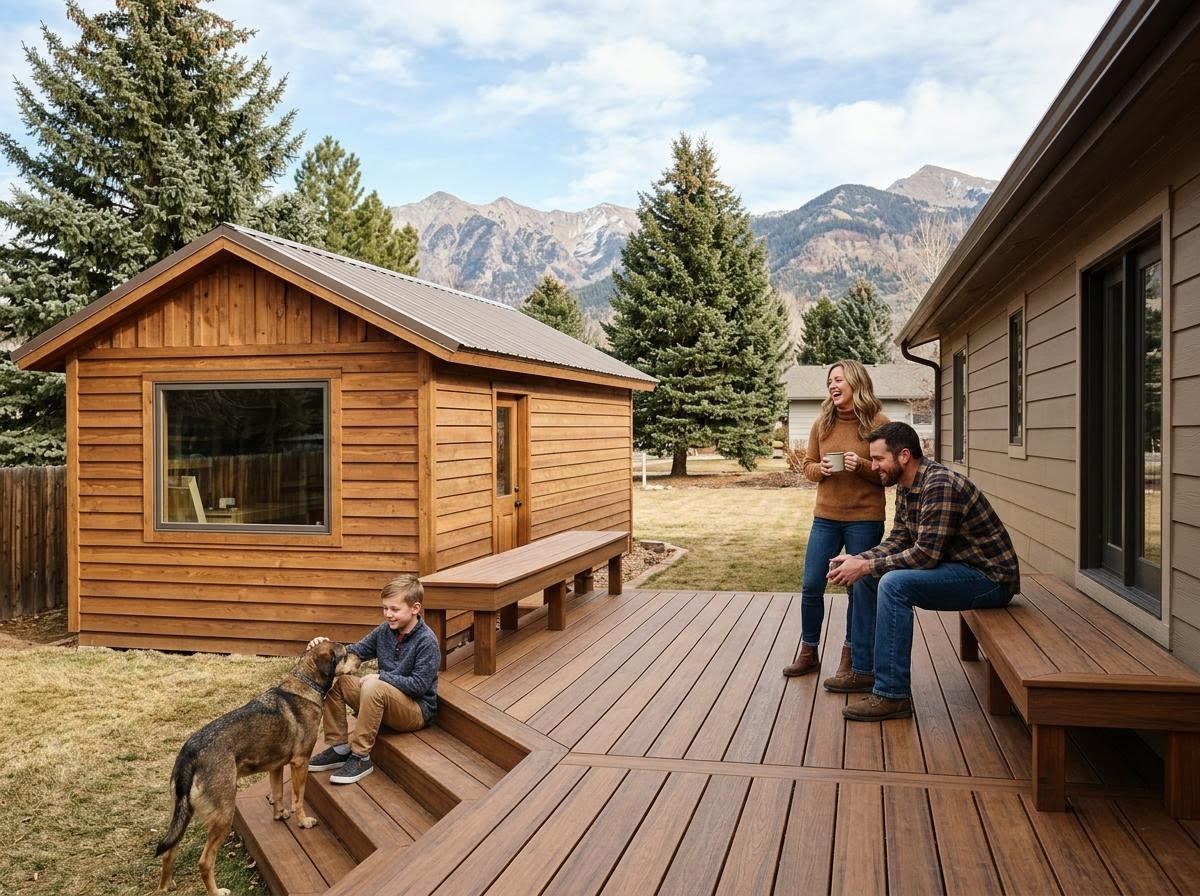 Happy family on a composite deck with a shed and mountain backdrop