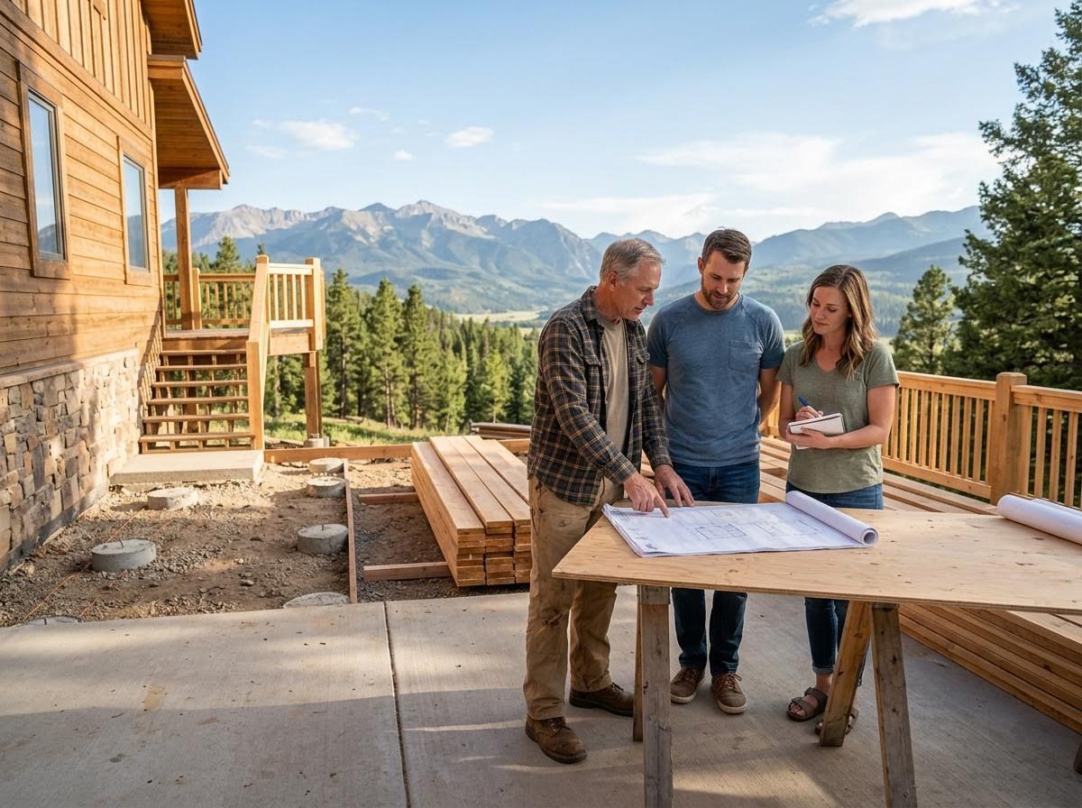 People Reviewing Blueprints at Mountain Home Construction Site
