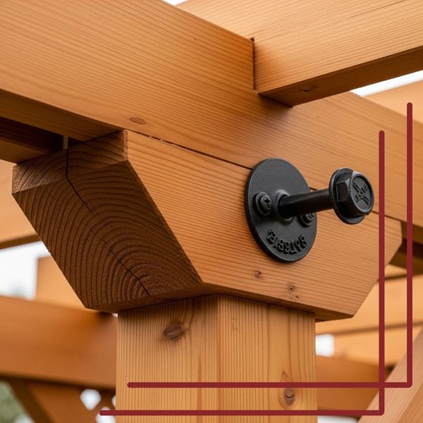 A close-up shot of a durable, premium-grade wooden beam with a dark metal fastener, showcasing the quality craftsmanship used in the construction of a patio cover.