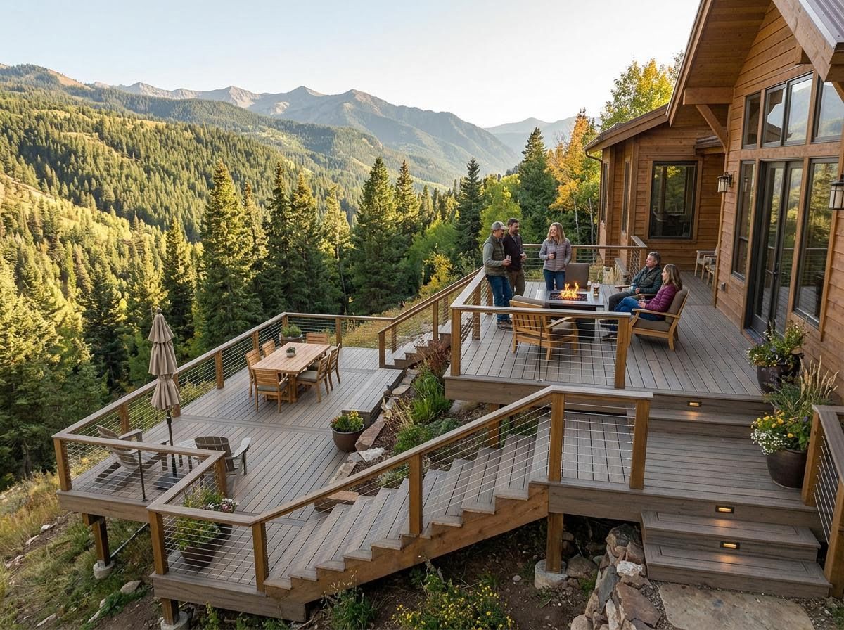Multi-level wooden deck with fire pit, dining area, and mountain forest views