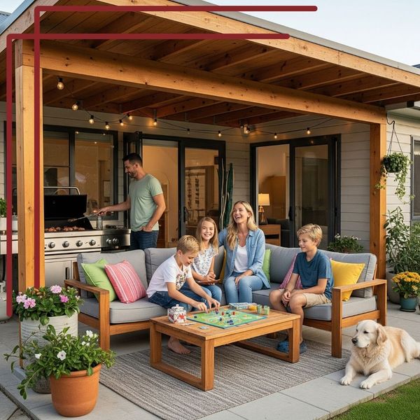 A happy family enjoying a comfortable afternoon under a custom-built patio cover, with the father grilling and the children playing, creating a friendly and inviting outdoor space.