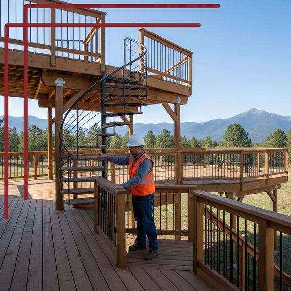 An inspector in an orange vest and hard hat examining the railing of a multi-level wooden deck that includes a spiral staircase, with a scenic view of mountains and trees in the background.