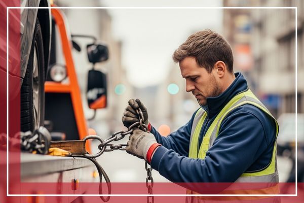 A tow truck operator carefully securing a heavy load with straps and chains A tow truck operator carefully securing a heavy load with straps and chains