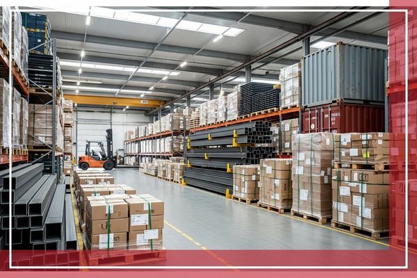 A clean and organized warehouse with various heavy cargo items neatly stored, and a forklift visible in the background. A clean and organized warehouse with various heavy cargo items neatly stored, and a forklift visible in the background.