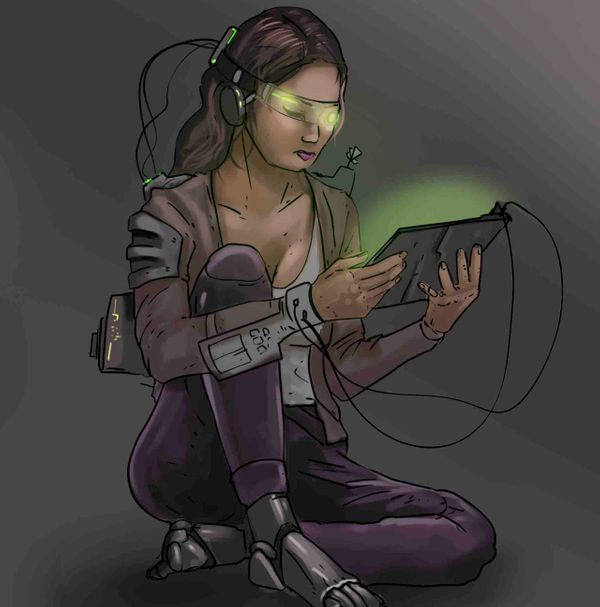 Image of a woman with high-tec computer gear holding some kind of tablet