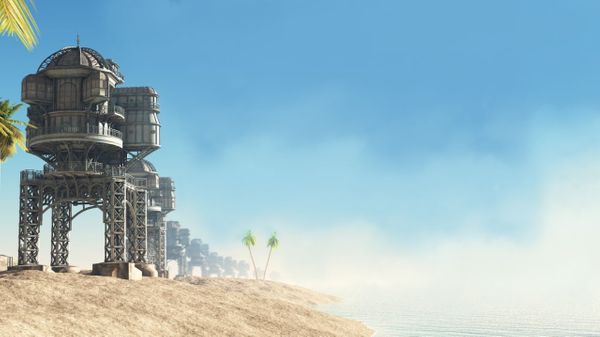 Image of futuristic structures lined up on a beach