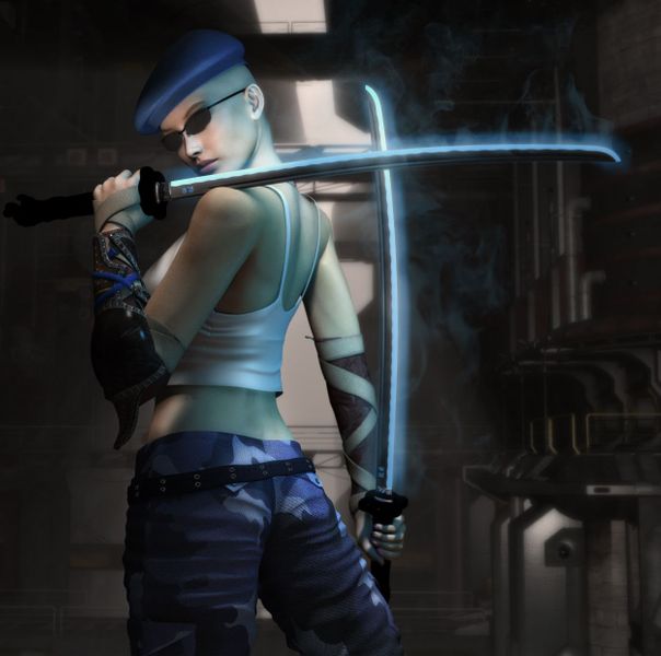 Image of a woman with sunglasses holding two swords