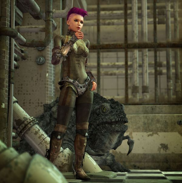 Image of a woman with a purple mohawk in front of a monster