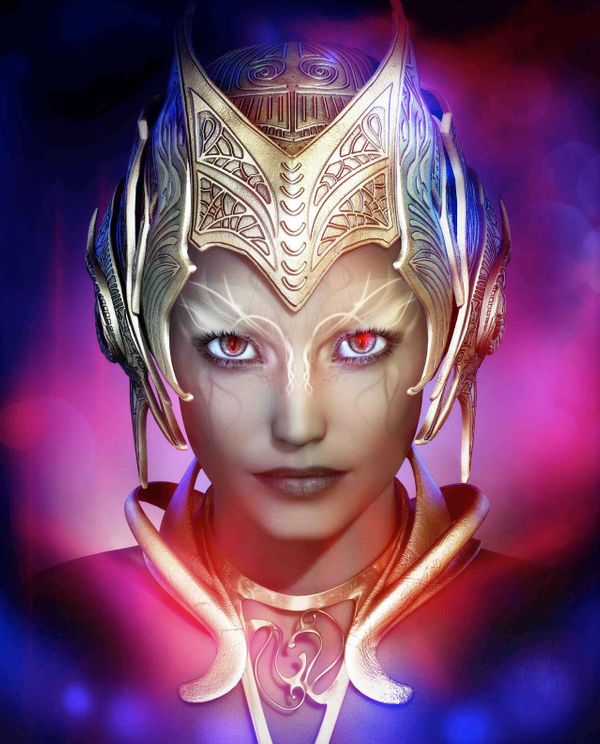 Image of a woman with red eyes wearing an ornate helmet