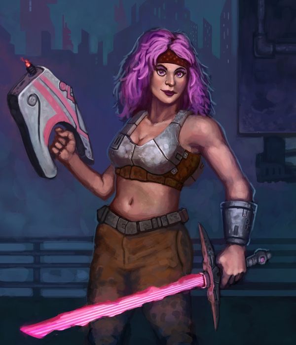 Image of a purpled haired warrior with a laser gun and a glowing sword