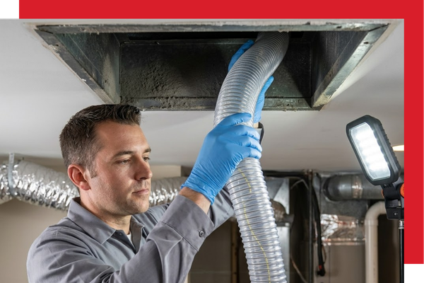 Photograph showing an HVAC technician inserting a powerful vacuum hose into a residential duct opening, actively removing a substantial buildup of dust and debris, illustrating professional duct cleaning.