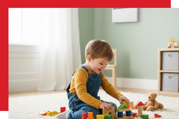 child happily playing with toys on a soft rug in a well-maintained, comfortable playroom