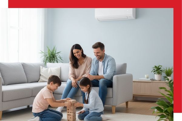 A happy family is sitting together in a comfortable, modern living room. The mother and father are on a sofa while their two children play nearby. A discreet white ductless mini-split unit is visible on the wall in the background, blending seamlessly into 