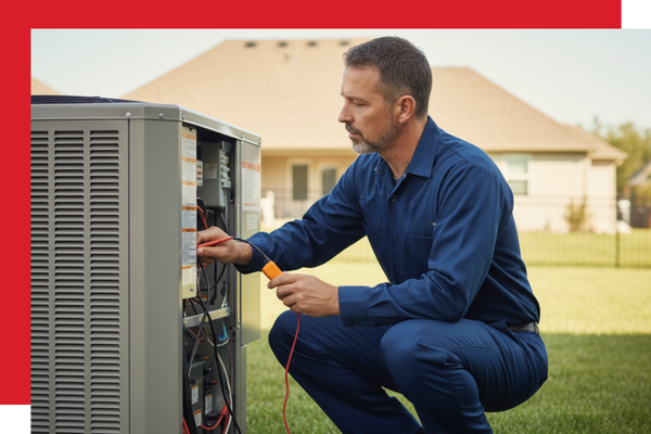 A male Metal Mechanics HVAC technician in a blue uniform crouches outdoors, using a multimeter to diagnose an air conditioning unit, with a toolkit nearby and a house in the background. A male Metal Mechanics HVAC technician in a blue uniform crouches outdoors, using a multimeter to diagnose an air conditioning unit, with a toolkit nearby and a house in the background.