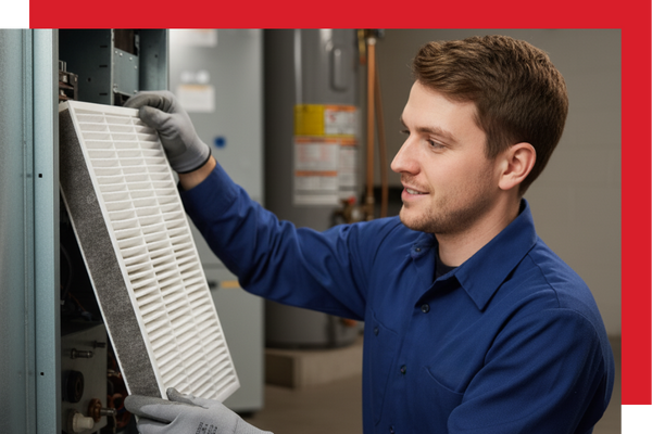 A clean-cut male HVAC technician, wearing a blue uniform and grey work gloves, is holding up a new, clean furnace filter, preparing to install it into the furnace. He has a pleasant, focused expression. A clean-cut male HVAC technician, wearing a blue uniform and grey work gloves, is holding up a new, clean furnace filter, preparing to install it into the furnace. He has a pleasant, focused expression.