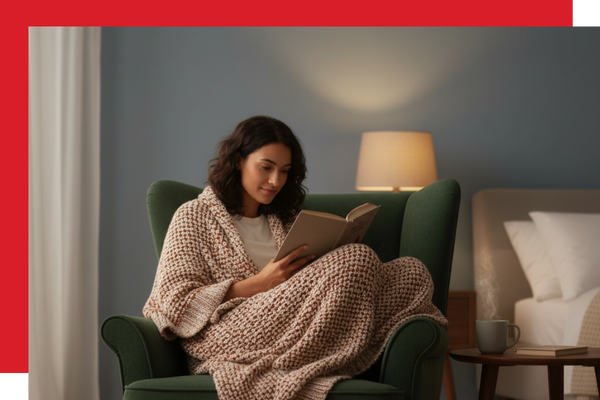A person curled up on an armchair in a cozy bedroom during a chilly evening,