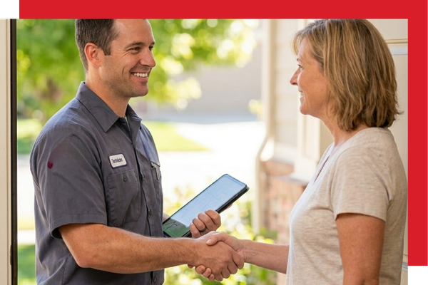 A smiling Metal Mechanics Inc. technician shaking hands with a satisfied homeowner at a front door in Longmont, CO, symbolizing trust and quality service.