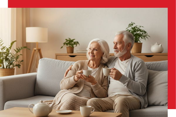 An elderly couple sitting on a plush sofa, sharing a cup of tea and a quiet moment.