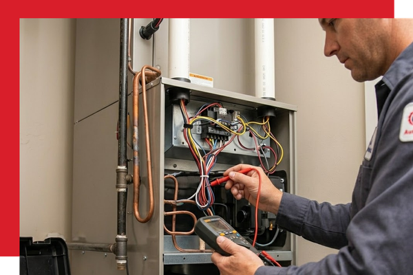 An indoor close-up of an HVAC technician using technical tools to diagnose electrical components inside a modern furnace and air conditioning unit cabinet.