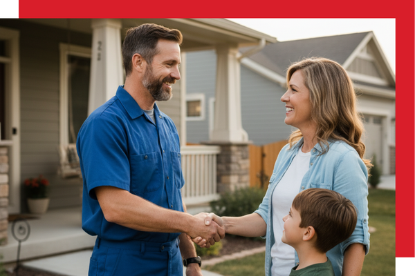 A friendly Metal Mechanics HVAC technician shaking hands with a smiling woman in front of her house, with a young boy looking on, conveying trust and community service. A friendly Metal Mechanics HVAC technician shaking hands with a smiling woman in front of her house, with a young boy looking on, conveying trust and community service.