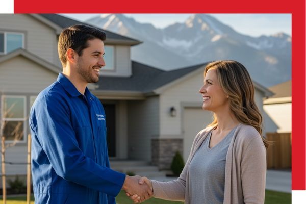 A friendly HVAC technician in a company uniform is shaking hands with a happy homeowner in front of a modern house. 