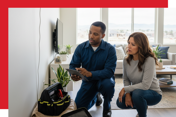 An HVAC technician in a blue uniform kneels next to an open mini-split unit on a wall, showing a tablet to a homeowner, explaining the repair process in her living room.