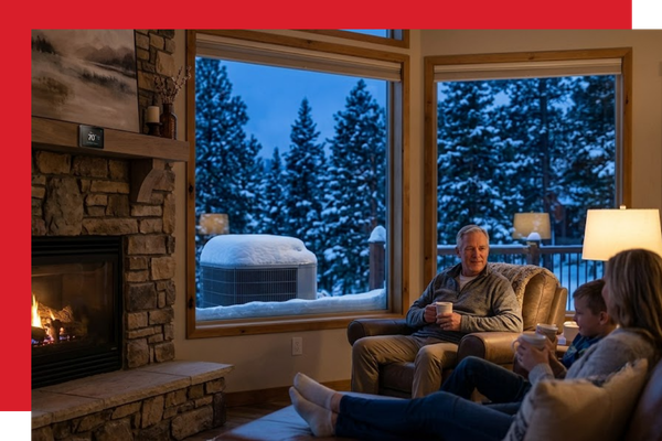 family relaxing inside by fire with snow on AC unit outside 