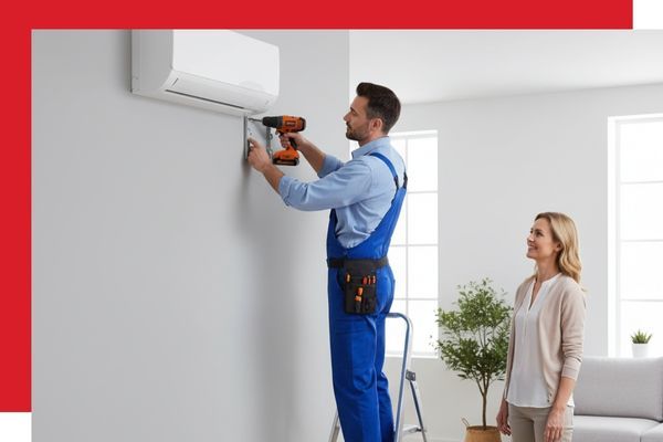 A professional HVAC technician wearing a work uniform is installing a white ductless mini-split unit on a wall.