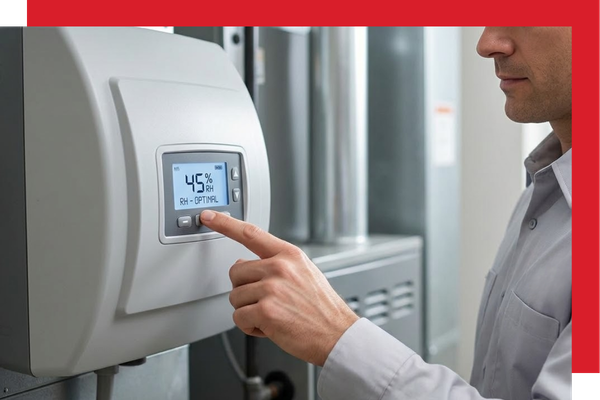 Photograph showing an HVAC technician with a Metal Mechanics Inc. logo pointing at the digital display of a bypass whole-home humidifier, confirming an optimal 45% relative humidity level for indoor comfort.