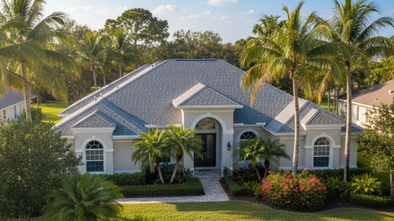 A beautiful Florida home with a pristine architectural shingle roof and lush landscaping.