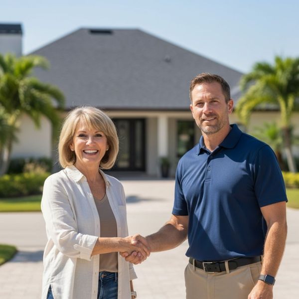 Homeowner shaking hands with a professional Valley Ridge Roofing project manager after a project Homeowner shaking hands with a professional Valley Ridge Roofing project manager after a project