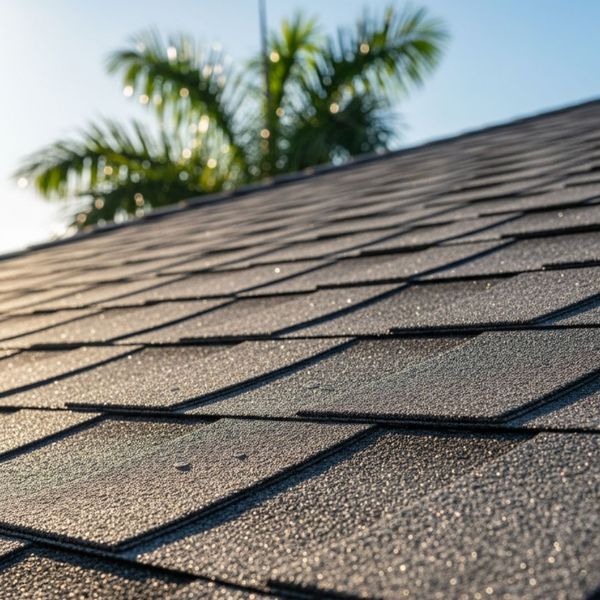 A close-up view of high-quality architectural asphalt shingles in a charcoal gray color.