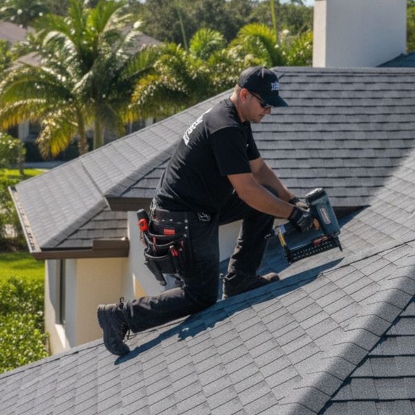 Skilled roofing contractor securing a shingle during a precise roof installation Skilled roofing contractor securing a shingle during a precise roof installation